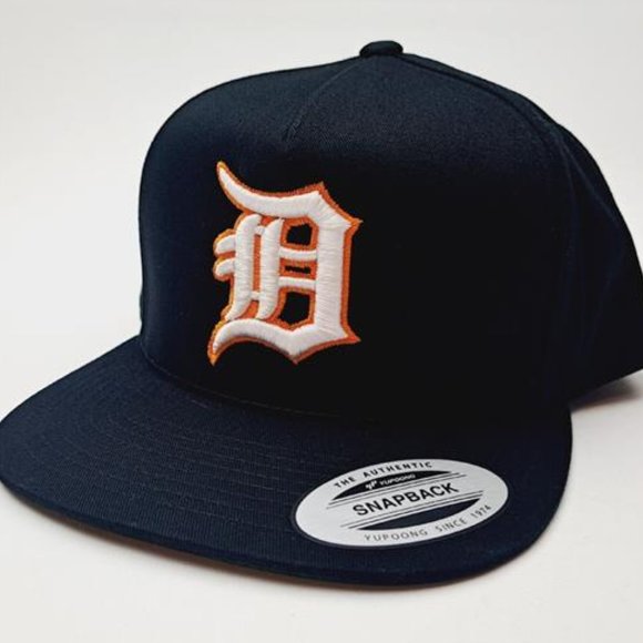 Detroit Tigers D Flat Bill Cap Hat Trucker Snapback Black Solid Baseball Gorra - Picture 2 of 5